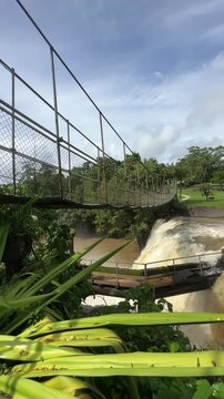 Vertical View of Mena Creek Waterfall and Suspension Footbridge, Queensland, Australia