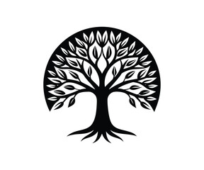Black silhouette of a stylized tree with roots and leaves on a white background vector illustration