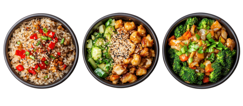 Three bowls of healthy food isolated on transparent background