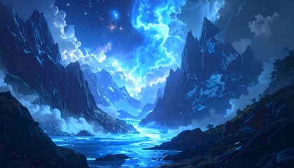 Mystical Blue Lightning Storm Over a Serene Fantasy River Landscape at Night.