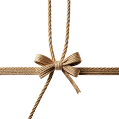 Close-up of rustic twine bow with hanging and crossing rope elements