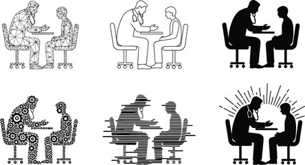 Doctor-patient consultation styles, medical interaction silhouettes, healthcare discussion poses, vector set, editable stroke, professional concept, black and white design
