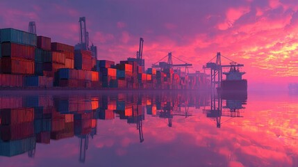 A massive container port with colorful sunrise and water reflections