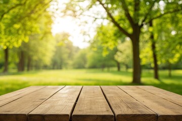 Empty wood plank table top with blur park green nature background bokeh light,Mock up for display or montage of product,Banner or header for advertise on social media,Spring and Summer concept