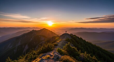 Obraz premium Hiker Celebrating Sunrise on Mountain Peak, Summit, Achievement, Success