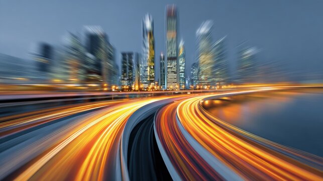 Vivid Abstract Data Streams Illuminate City Skyline at Dusk With Glowing Lines and Motion Blur Creating a Dynamic Visual Experience