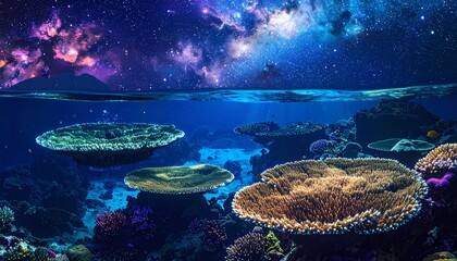 Vibrant coral reef ecosystem beneath a stunning cosmic galaxy sky.