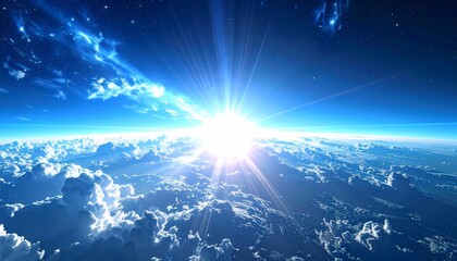 Stunning View of Sun Rising Above Earths Horizon with Fluffy Clouds.