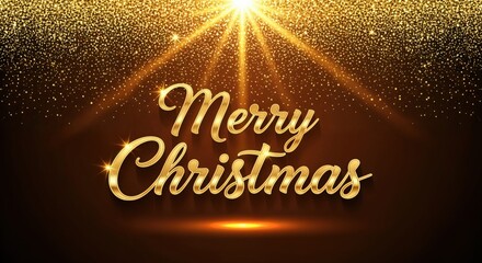 Merry Christmas golden text with sparkling glitter background and bright light rays, festive holiday greeting card design