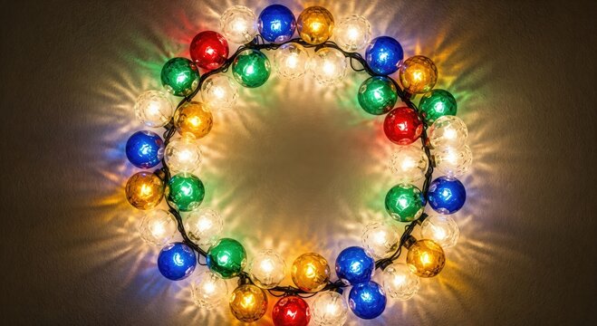 Brightly lit circular string of festive holiday lights creating a warm glow on a dark background