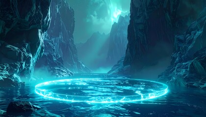 Mystical Glowing Portal in an Icy Cave with Ethereal Blue Light and Fog.