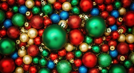 Vibrant assortment of colorful Christmas ornaments and baubles in red, green, blue, and gold, creating a festive holiday background.