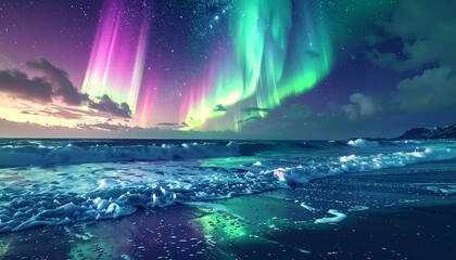 Vibrant Aurora Borealis Illuminates Ocean Waves at Night.