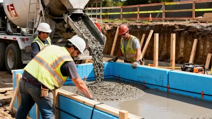 Medium shot of workers pouring concrete for a basement wall with insulation panels securely in place along the frame