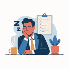 Sleeping businessman at desk with cup of coffee and plant dreams about work