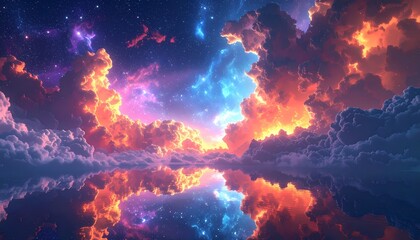 Vibrant Fantasy Sky with Glowing Clouds and Reflections.