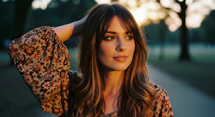 Boho girl in 2006-inspired fashion wearing a loose floral top, standing in a sunset park scene with long layered hair, natural makeup, and soft DSLR tones creating a nostalgic vintage atmosphere