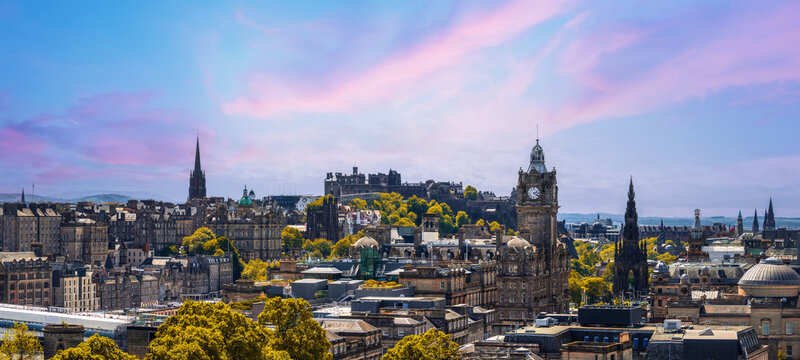 The Old and New Towns of Edinburgh panoramic skyline city view from Calton Hill. A Unesco site