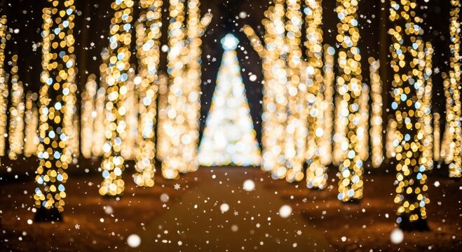 Magical winter wonderland scene with bokeh effect from illuminated trees and a glowing Christmas tree under falling snow at night