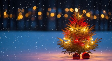 Small festive Christmas tree adorned with warm glowing lights and red ornaments in a serene snowy winter landscape at night with falling snow and blurred golden bokeh lights.