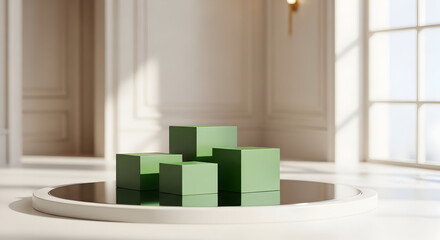 Empty podium product presentation or pedestal display on blank background with green cubes stand concept. Blank product shelf standing backdrop. 3D rendering.