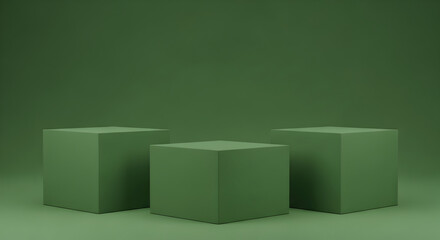 Empty podium product presentation or pedestal display on blank background with green cubes stand concept. Blank product shelf standing backdrop. 3D rendering.