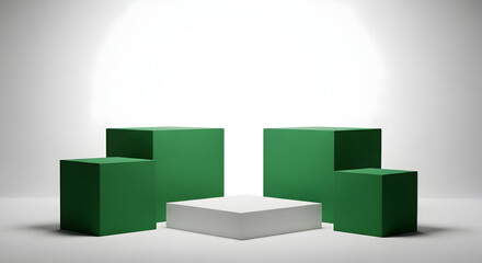 Empty podium product presentation or pedestal display on blank background with green cubes stand concept. Blank product shelf standing backdrop. 3D rendering.