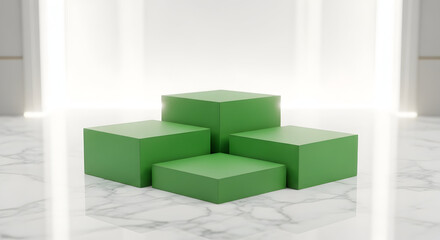 Empty podium product presentation or pedestal display on blank background with green cubes stand concept. Blank product shelf standing backdrop. 3D rendering.