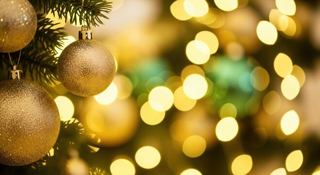 Close-up of sparkling golden Christmas ornaments hanging on a festive evergreen tree branch with warm bokeh lights in the background, creating a joyful holiday atmosphere.