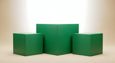 Empty podium product presentation or pedestal display on blank background with green cubes stand concept. Blank product shelf standing backdrop. 3D rendering.