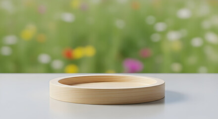 Empty podium product presentation or pedestal display on blur flower background with white cylinder stand concept. Blank product shelf standing backdrop. 3D rendering.