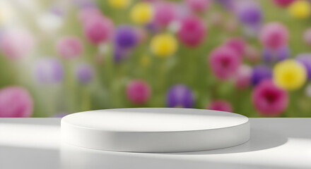 Empty podium product presentation or pedestal display on blur flower background with white cylinder stand concept. Blank product shelf standing backdrop. 3D rendering.