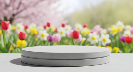 Empty podium product presentation or pedestal display on blur flower background with white cylinder stand concept. Blank product shelf standing backdrop. 3D rendering.