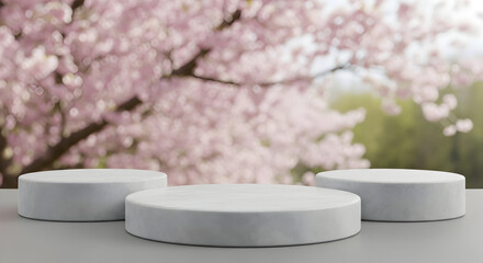Empty podium product presentation or pedestal display on blur flower background with white cylinder stand concept. Blank product shelf standing backdrop. 3D rendering.