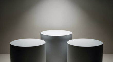 Empty podium product presentation or pedestal display on white background with cylinder stand concept. Blank product shelf standing backdrop. 3D rendering.