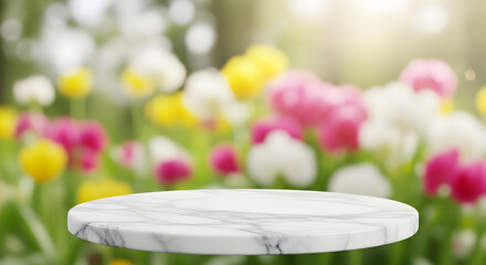 Empty podium product presentation or pedestal display on blur flower background with white cylinder stand concept. Blank product shelf standing backdrop. 3D rendering.