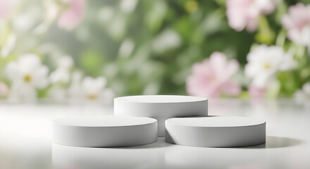 Empty podium product presentation or pedestal display on blur flower background with white cylinder stand concept. Blank product shelf standing backdrop. 3D rendering.
