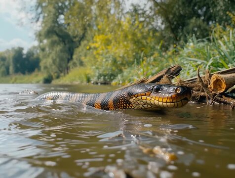 Huge anaconda swimming in a river