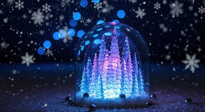 Enchanting winter wonderland scene with a glowing snow globe featuring illuminated pine trees under falling snowflakes and bokeh lights, creating a magical holiday atmosphere.