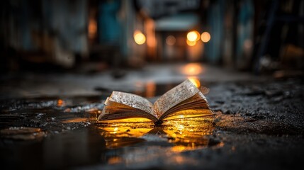 Open book reflecting light in a rainy urban alley