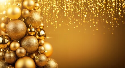 Fototapeta premium Golden Christmas Ornaments Background with Festive Glittering Bokeh Lights and Copy Space for Holiday Celebrations