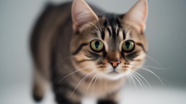 Un gato atigrado con ojos verdes brillantes mira fijamente hacia adelante, mostrando su pelaje rayado y bigotes detallados.