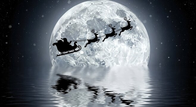 Silhouette of Santa Claus in his sleigh pulled by flying reindeer against a glowing full moon with reflections on dark water, symbolizing Christmas Eve magic and winter holidays. - Powered by Adobe