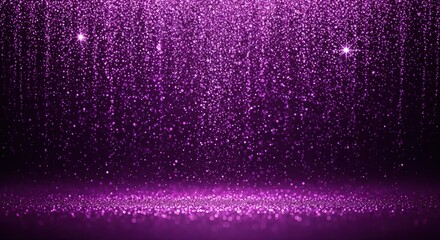 Abstract background of shimmering purple glitter particles falling and reflecting on a dark stage, creating a magical and festive atmosphere.