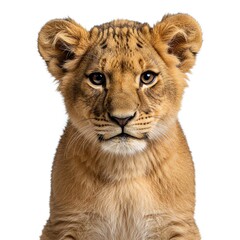 Obraz premium Adorable Lion Cub Stares Intently Isolated on a Bright White Background