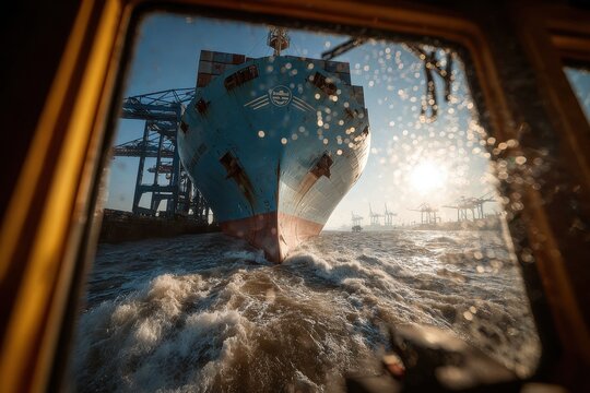 Fototapeta Massive Container Ship Approaching as Seen Through Pilot Boat Window