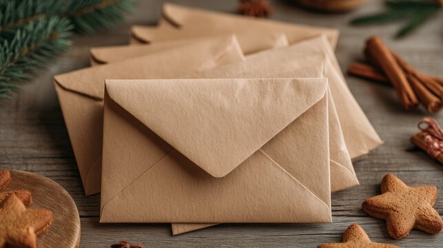 A collection of brown kraft envelopes arranged on a wooden surface. Surrounding elements include cinnamon sticks, star-shaped cookies, and pine branches.