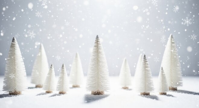 Bright and clean winter scene featuring a collection of white miniature Christmas trees standing in fresh snow with gentle snowfall, ideal for holiday season.