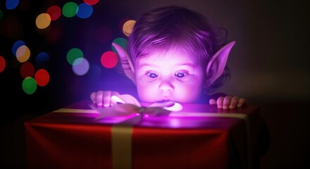 Naklejka premium Adorable baby elf with pointed ears looking into a magical glowing Christmas gift box with wonder and surprise