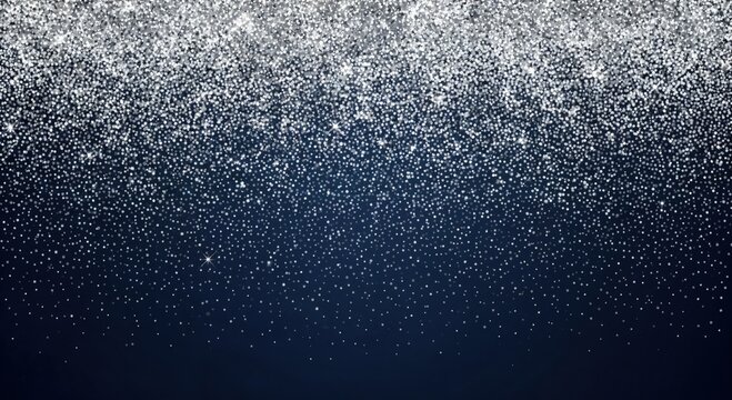 Falling silver glitter particles on a dark blue gradient background creating a sparkling festive and luxurious abstract texture